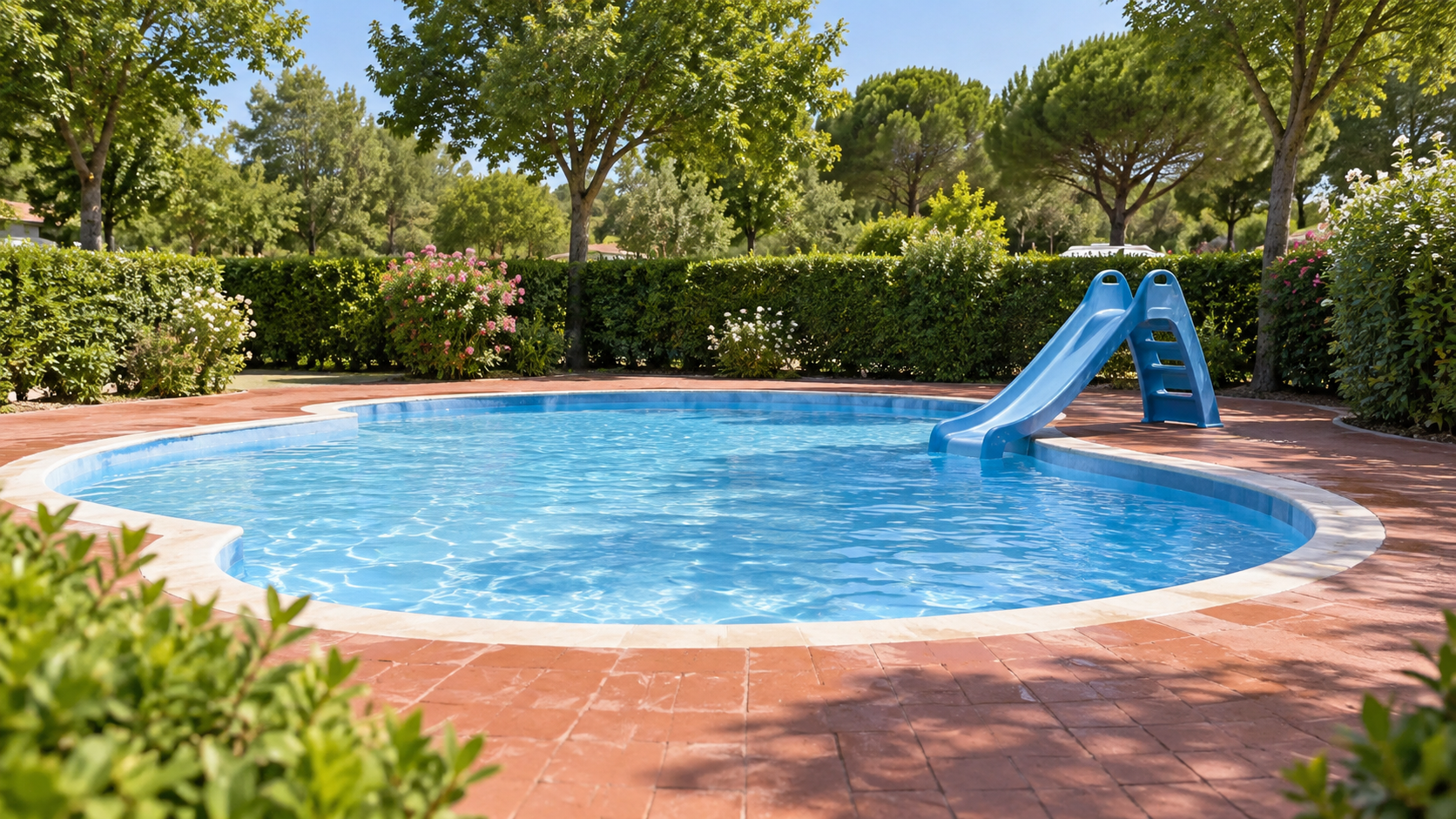 AI-gegenereerd sfeerbeeld met kinderzwembad en kleine glijbaan; geen foto van Camping Village Villa al Mare.