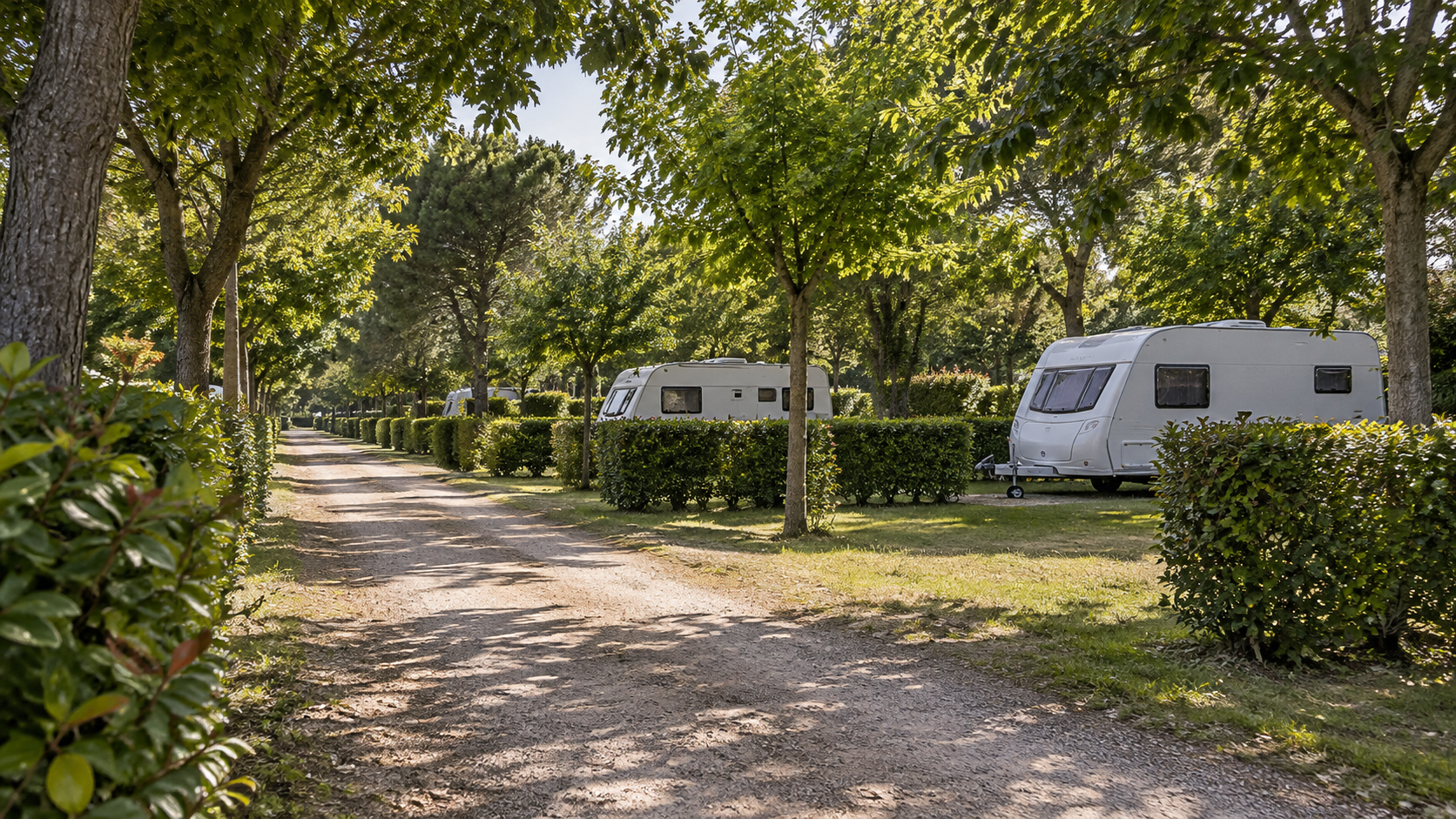 AI-gegenereerd sfeerbeeld met groene campinglaan en kampeerplaatsen; geen foto van Camping Village Miramare in Punta Sabbioni.