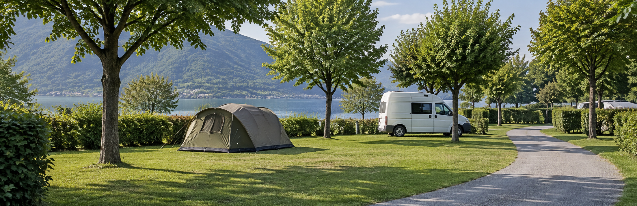 AI-gegenereerd sfeerbeeld met tent, camperbus en groen kampeerterrein bij een meer; geen foto van Camping Golden Sheep.