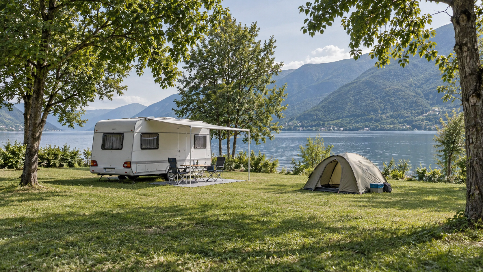 AI-gegenereerd algemeen sfeerbeeld met caravan, tent en gras bij een meer; geen foto van Camping Piona in Colico.