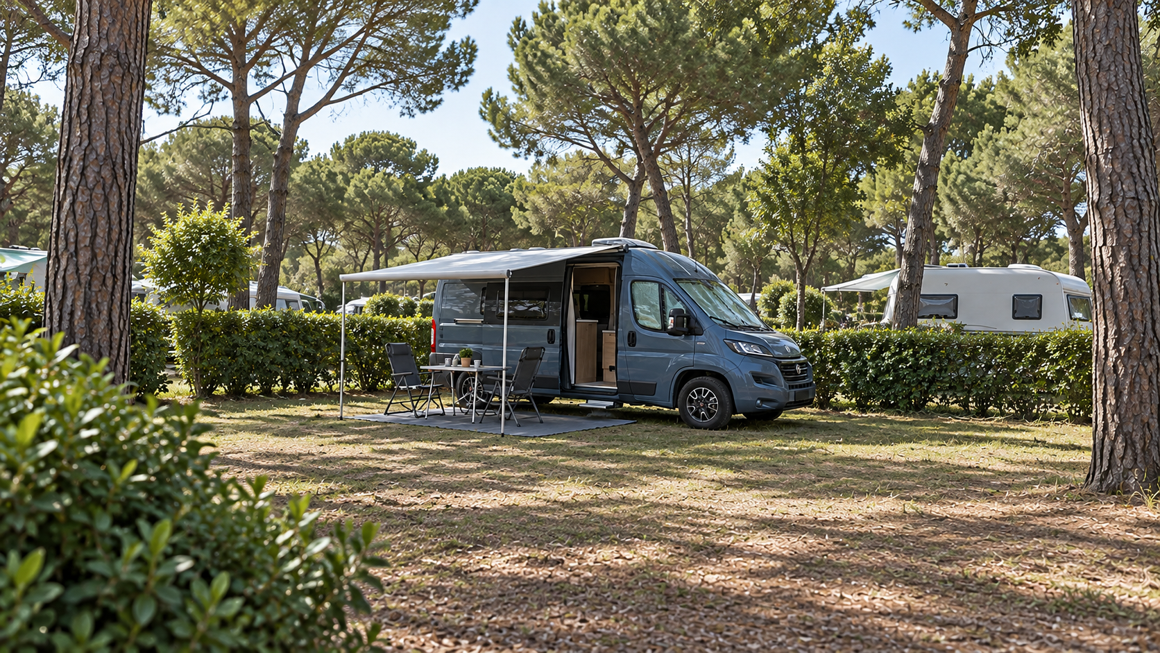 AI-gegenereerd algemeen sfeerbeeld met camper, luifel en groen; geen foto van Camping Molino a Fuoco.
