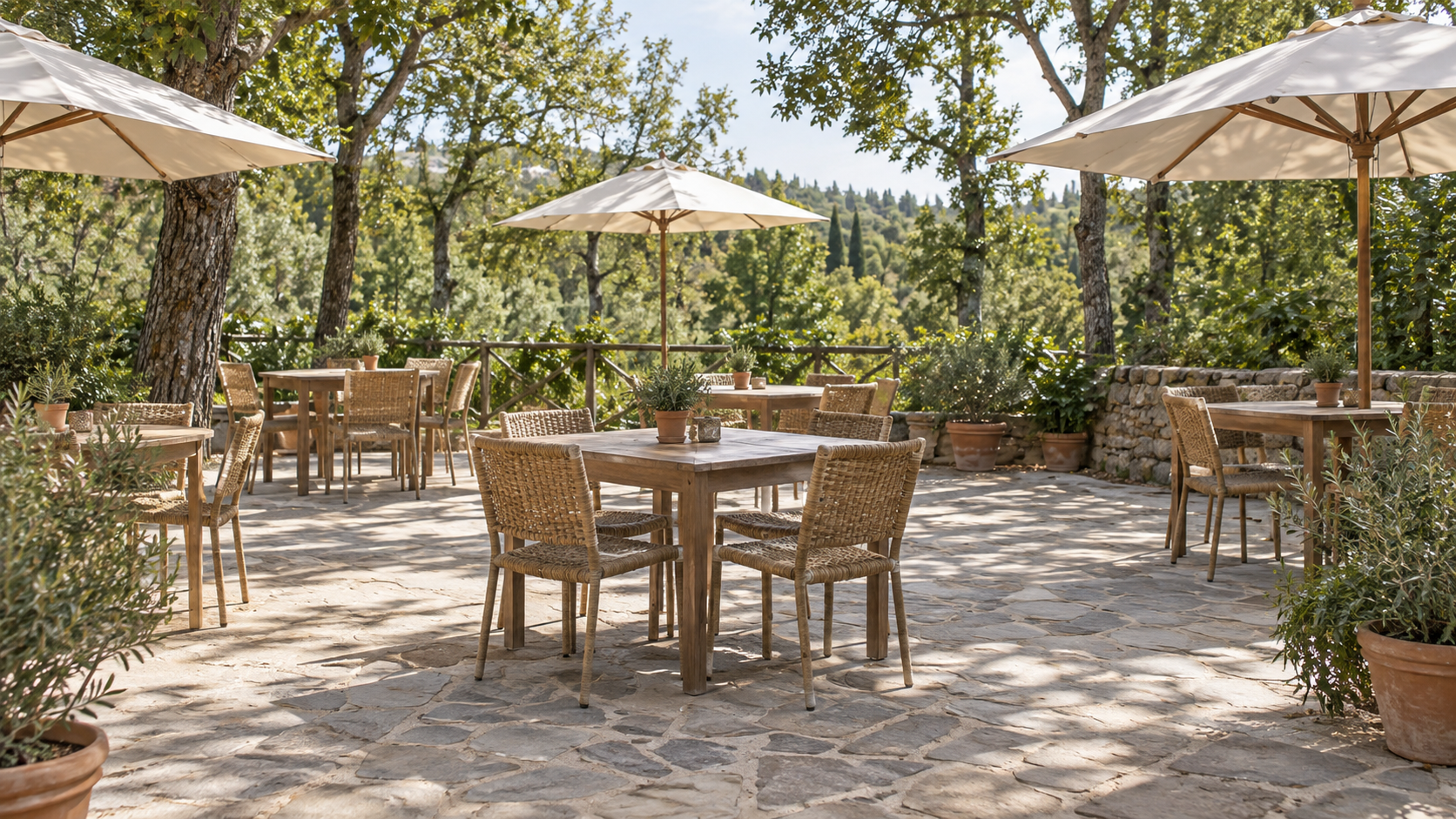 AI-gegenereerd algemeen sfeerbeeld met terras, tafels, stoelen en parasols in het groen; geen foto van Chianti Glamping Resort.
