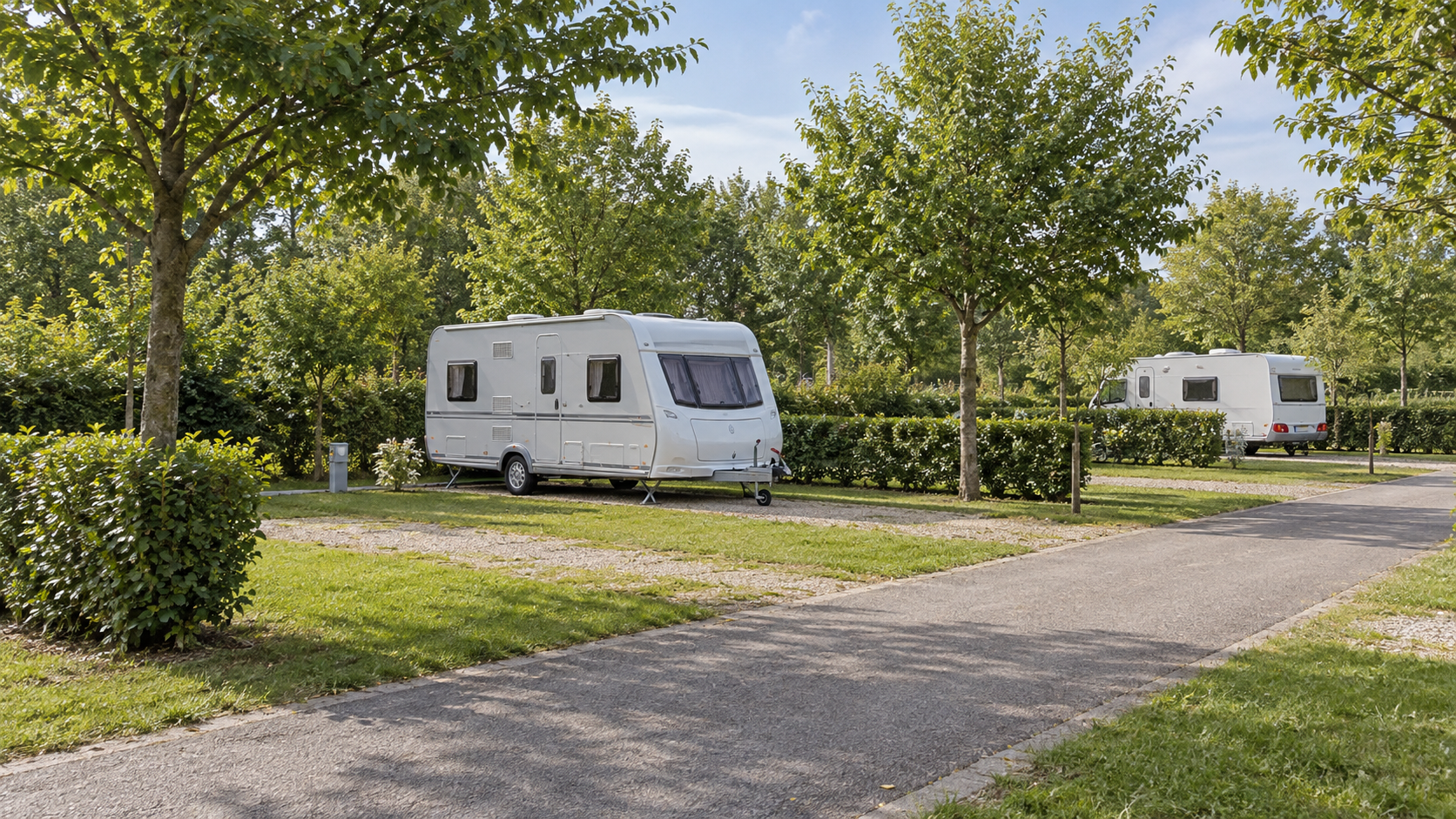 AI-gegenereerd algemeen sfeerbeeld met caravans op toerplaatsen en beplanting; geen foto van hu Firenze Camping in Town.
