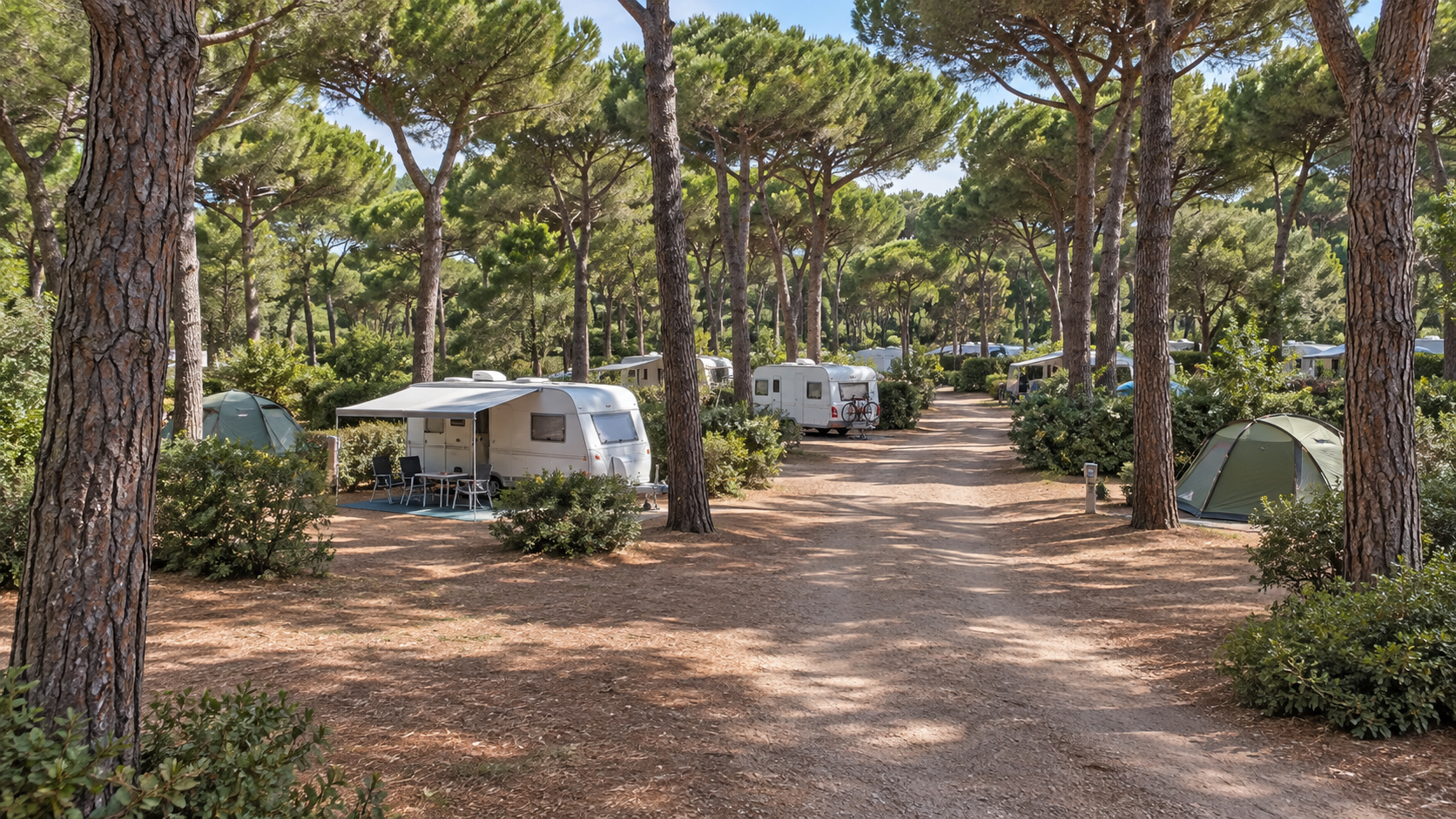 AI-gegenereerd algemeen sfeerbeeld met kampeerplaatsen, caravans en tenten onder dennen; geen foto van Camping Baia Verde.