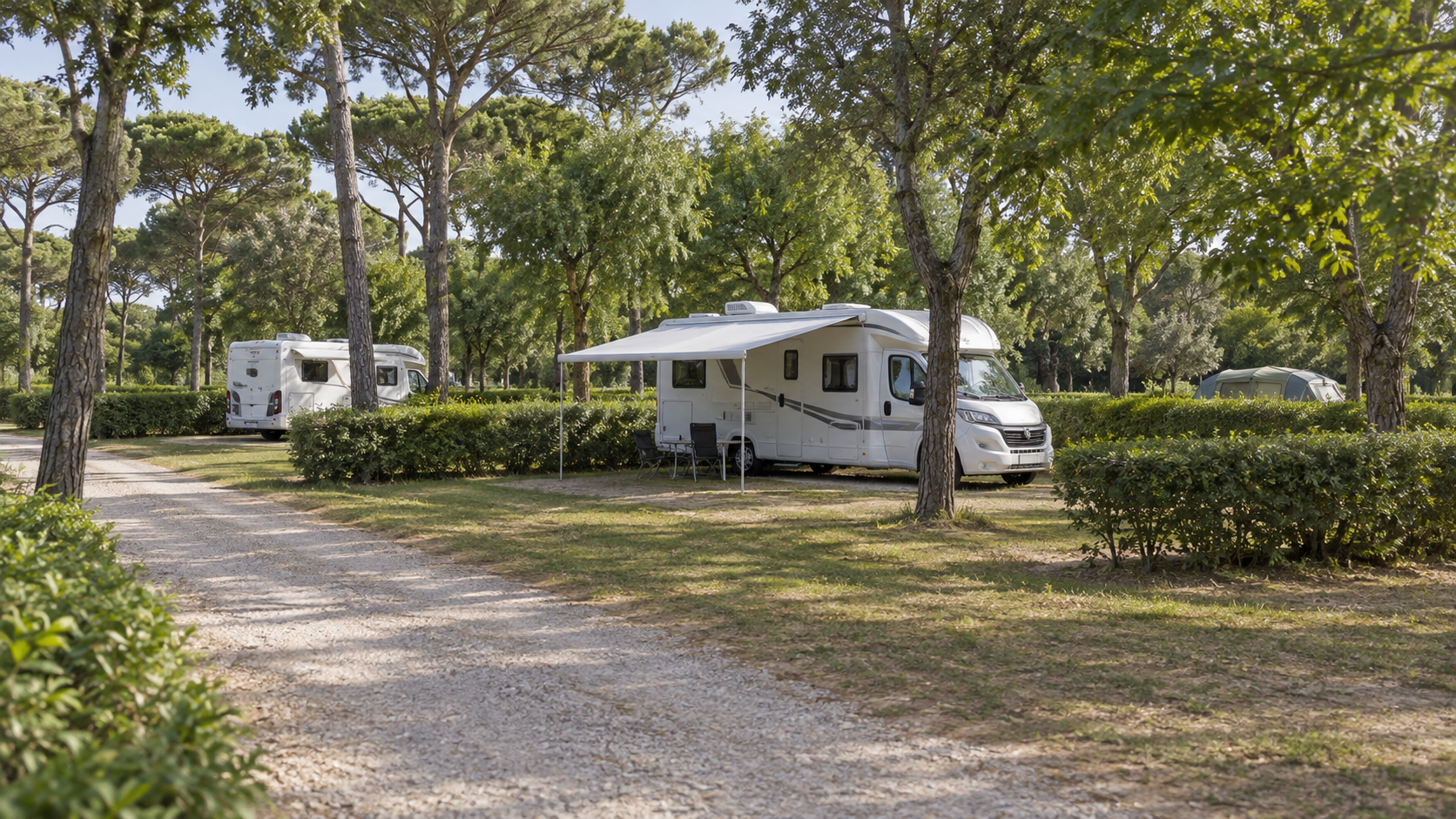 AI-gegenereerd algemeen sfeerbeeld met campers, luifel en groene kampeerplaatsen; geen foto van Camping Mareblu.