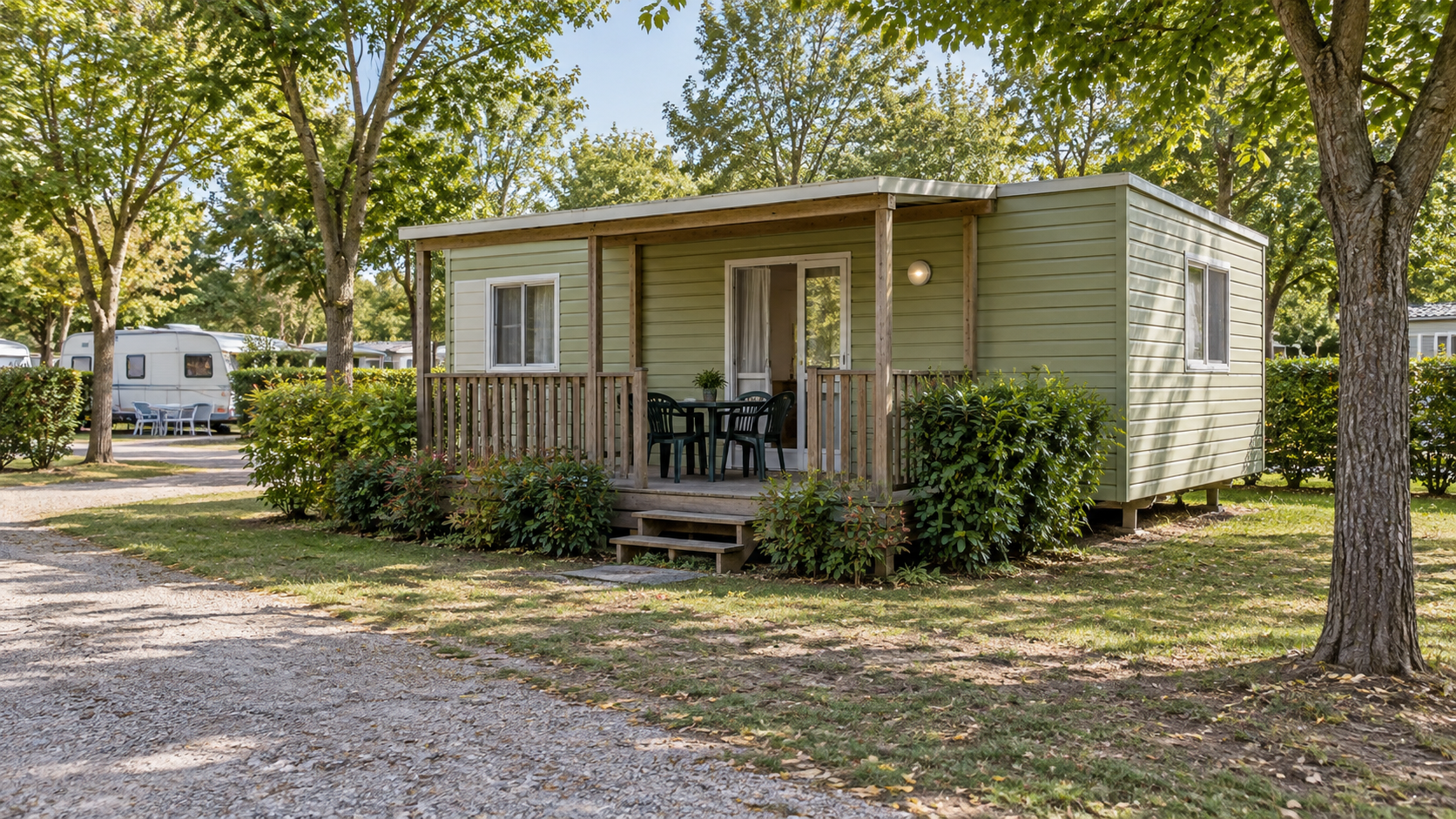 AI-gegenereerd algemeen sfeerbeeld met eenvoudige stacaravan en veranda op een camping; geen foto van Camping Village Torre Pendente.