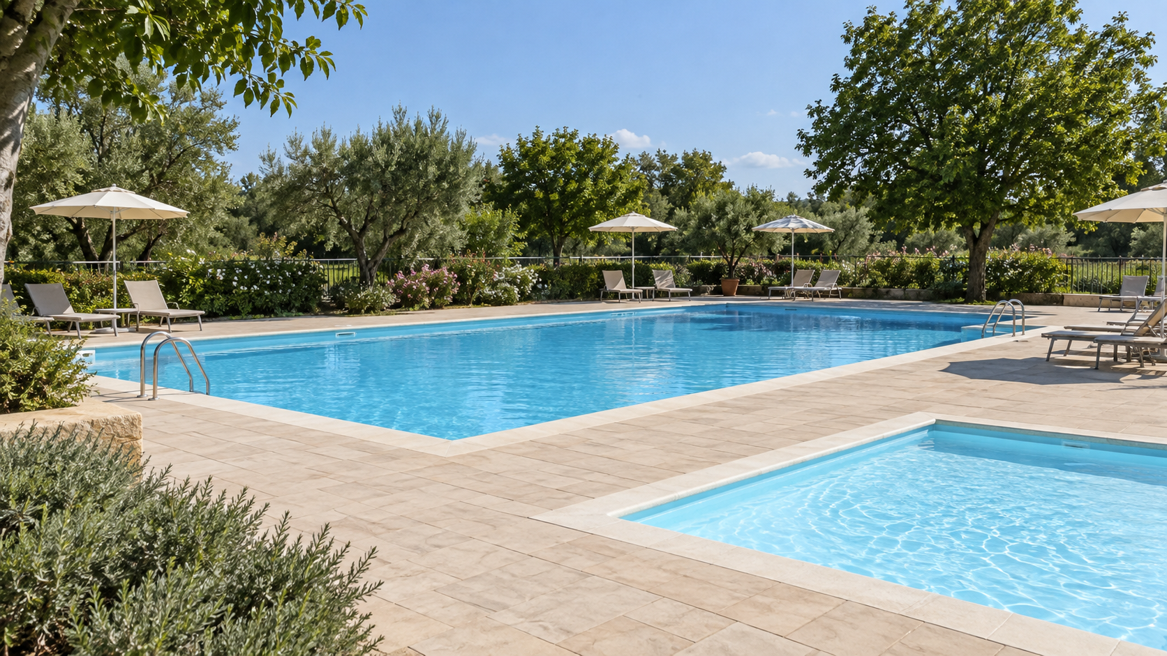AI-gegenereerd algemeen sfeerbeeld met eenvoudige zwembaden en groene beplanting; geen foto van Toscana Bella Camping Village.