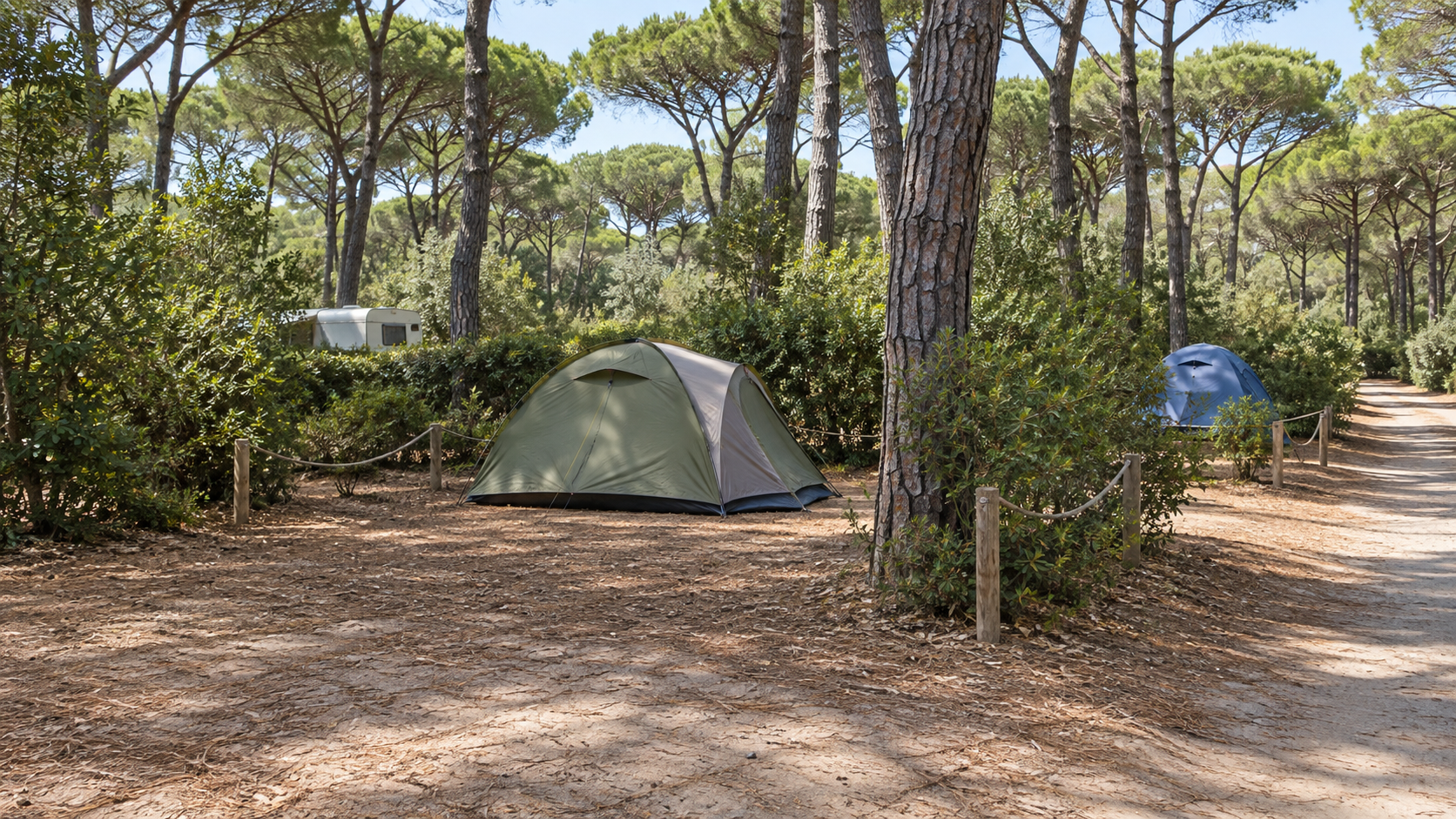 AI-gegenereerd algemeen sfeerbeeld met natuurlijke kampeerplaatsen met tenten en dennen; geen foto van Village Maremma Sans Souci.