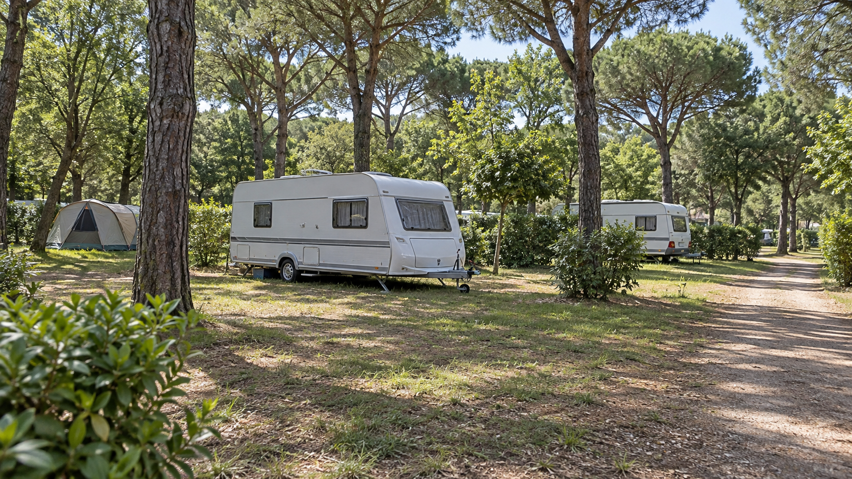 AI-gegenereerd algemeen sfeerbeeld met caravans en kampeerplaatsen onder bomen; geen foto van Camping Campo dei Fiori.