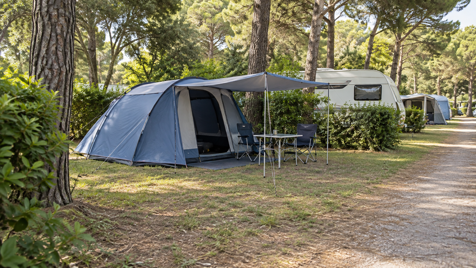 AI-gegenereerd algemeen sfeerbeeld met familietent tussen bomen; geen foto van Camping Village Santapomata.