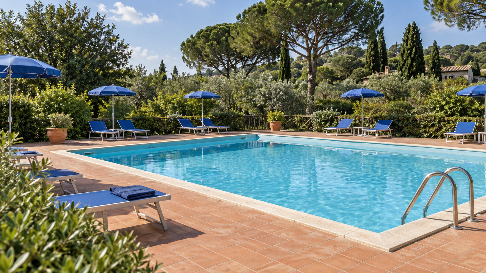 AI-gegenereerd algemeen sfeerbeeld met zwembad en groen; geen foto van Toscana Holiday Village.