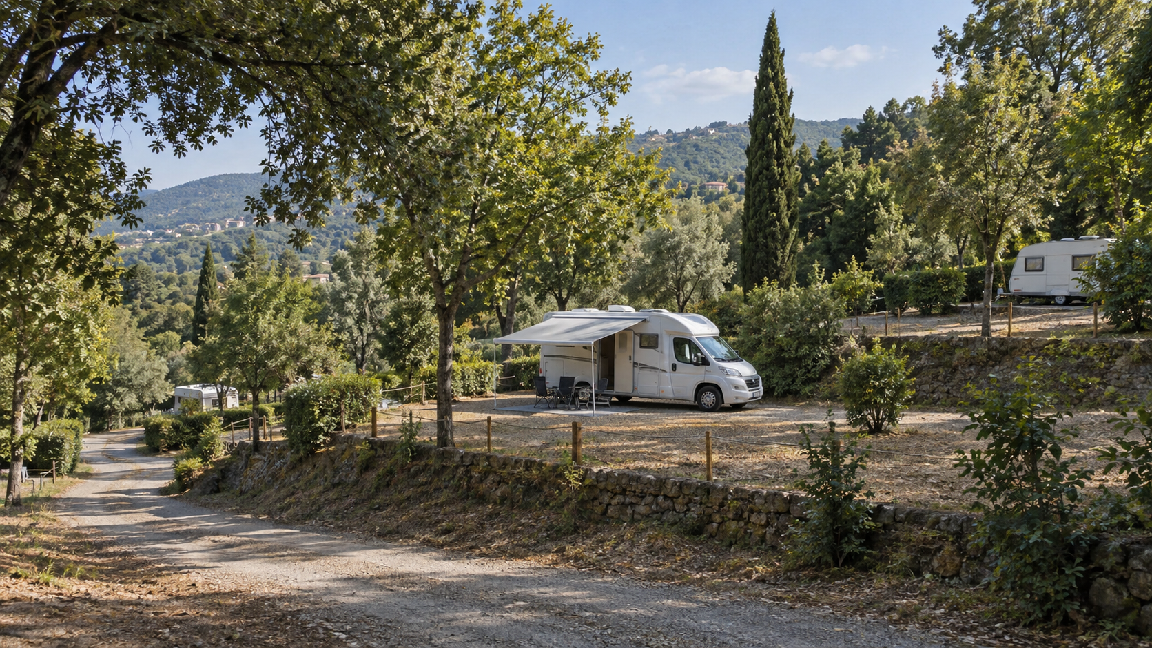 AI-gegenereerd algemeen sfeerbeeld met kampeerplaatsen op terrassen; geen foto van Camping Village Panoramico Fiesole.