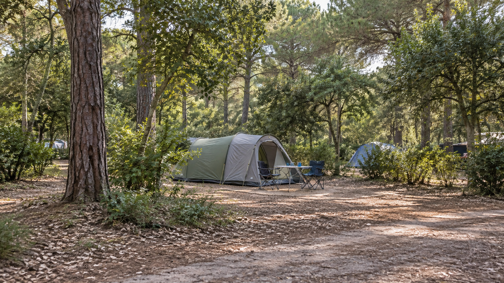 AI-gegenereerd algemeen sfeerbeeld met tentplaatsen in een groene omgeving; geen foto van Camping Bosco Verde.