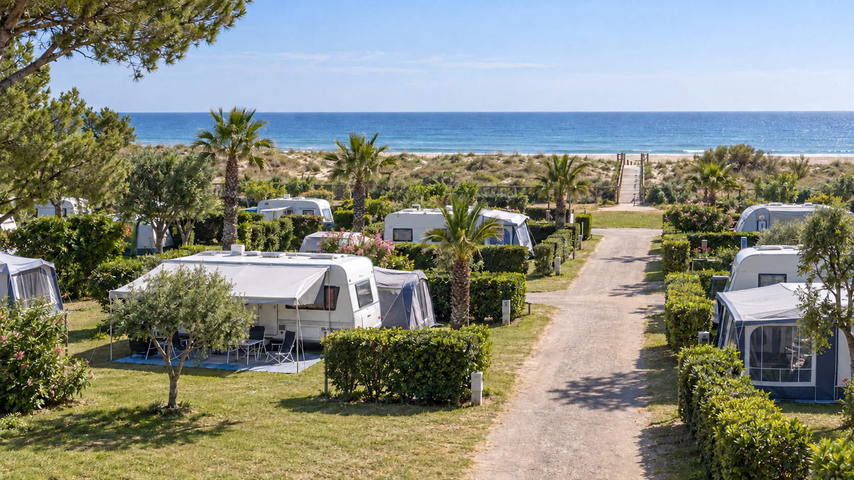 AI-gegenereerd algemeen sfeerbeeld met kampeerplaatsen in een groene omgeving; geen foto van Camping Las Dunas.