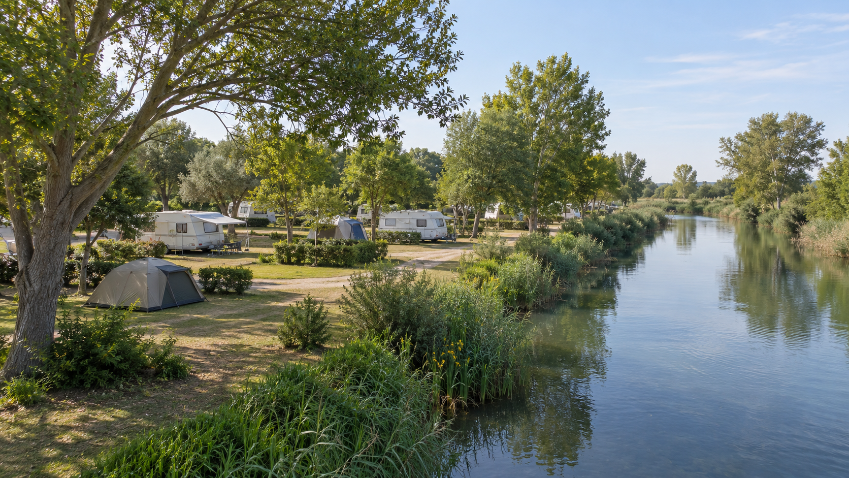 AI-gegenereerd algemeen sfeerbeeld van een kampeeromgeving; geen foto van Camping Nautic Almata.