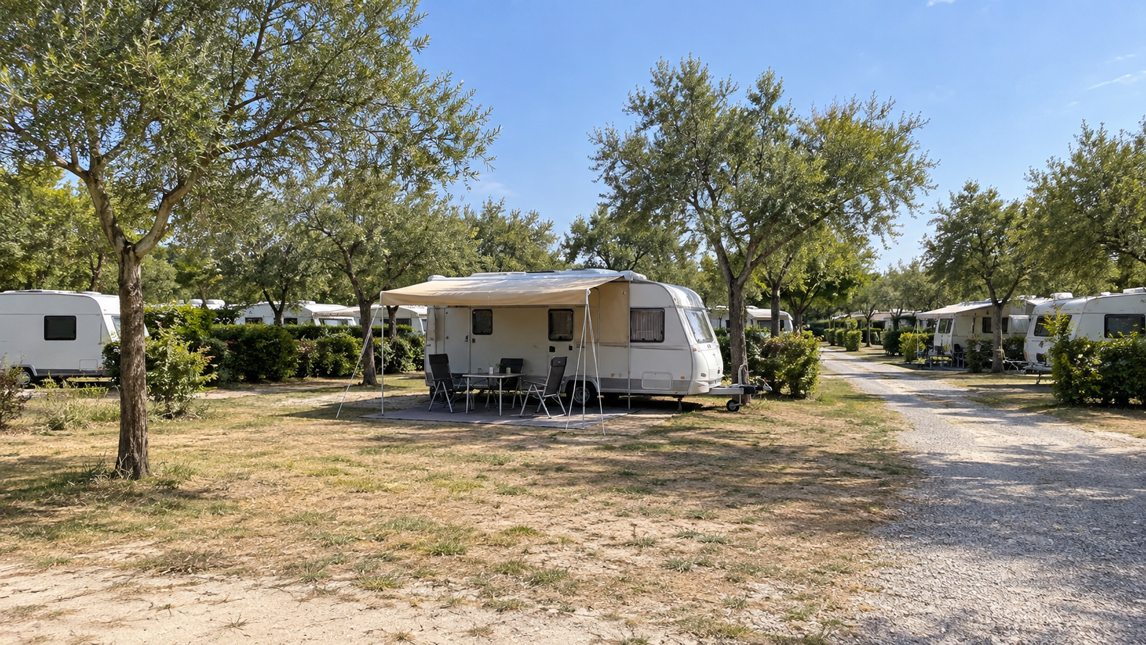 AI-gegenereerd algemeen sfeerbeeld van een kampeeromgeving; geen foto van Camping Rubina Resort.