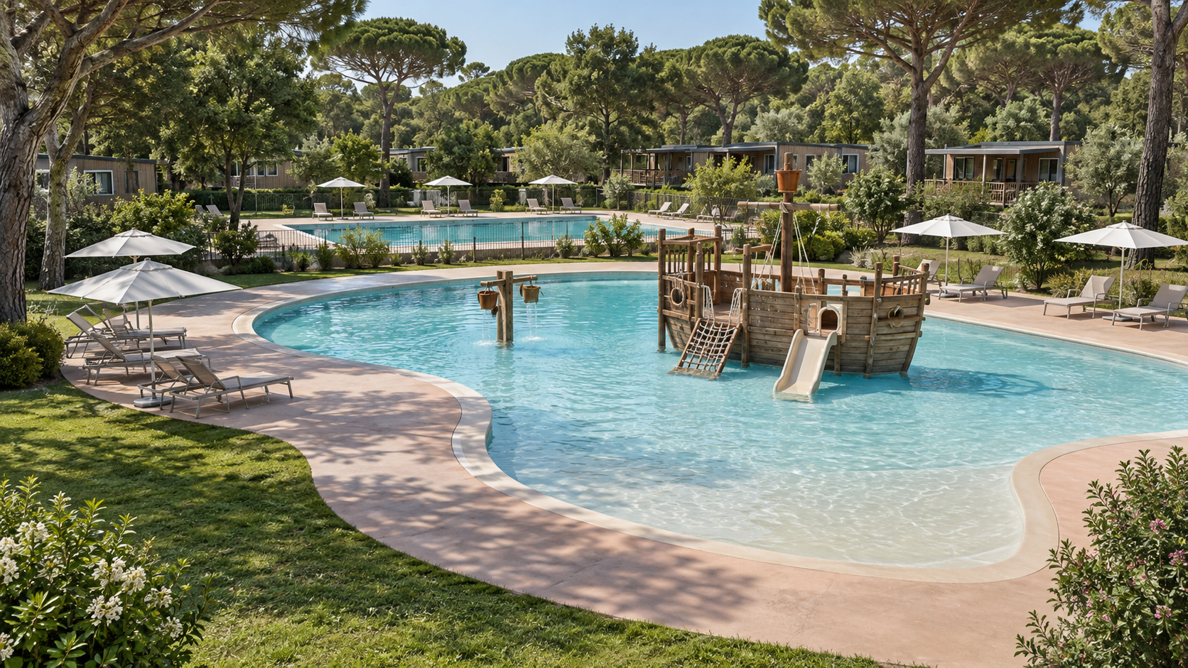 AI-gegenereerd algemeen sfeerbeeld van een kampeeromgeving; geen foto van Camping Cypsela Resort.
