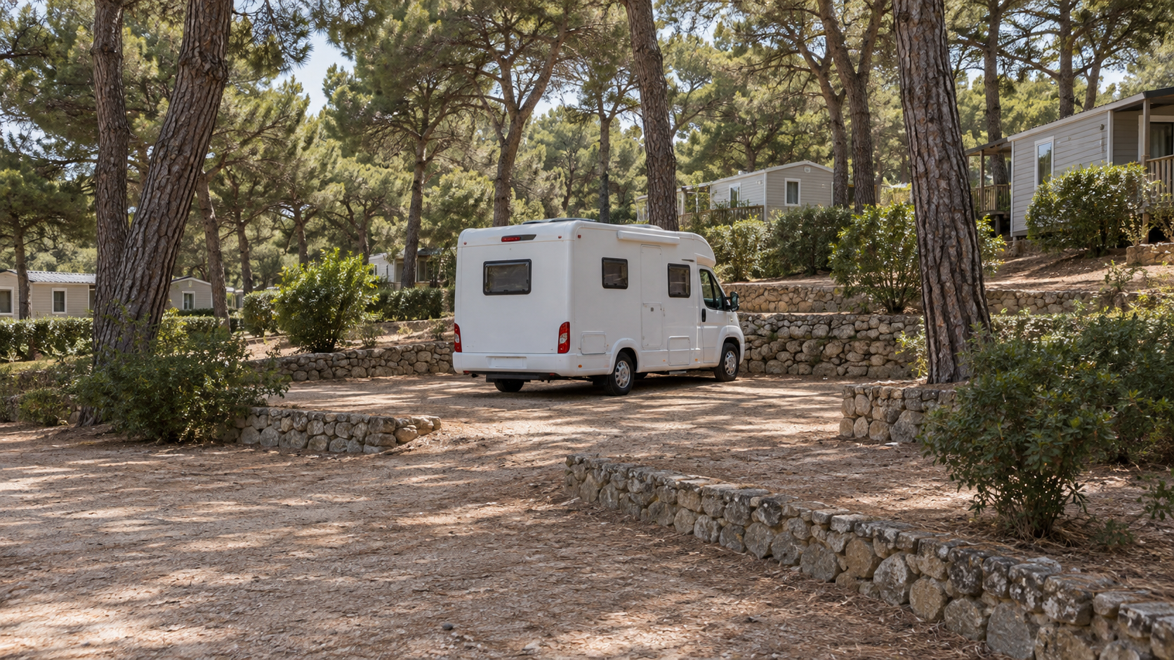 AI-gegenereerd algemeen sfeerbeeld van een kampeeromgeving; geen foto van Camping Interpals Eco Resort.
