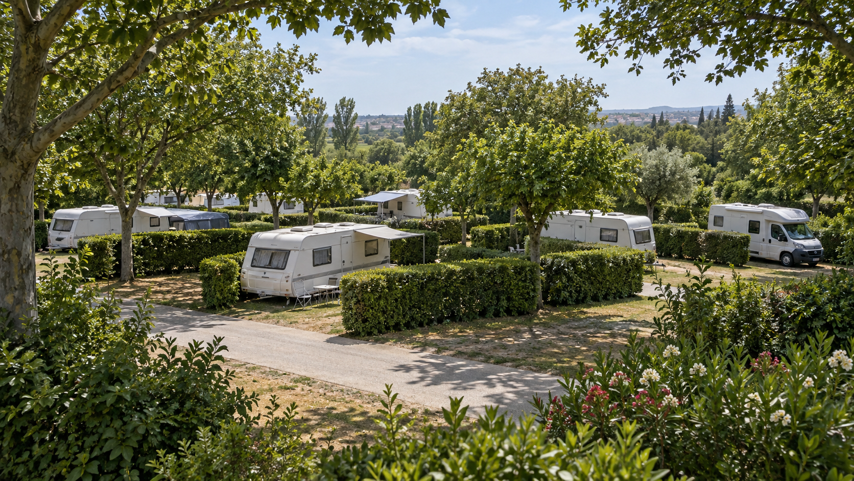 AI-gegenereerd algemeen sfeerbeeld van een kampeeromgeving; geen foto van Camping Mas Nou.