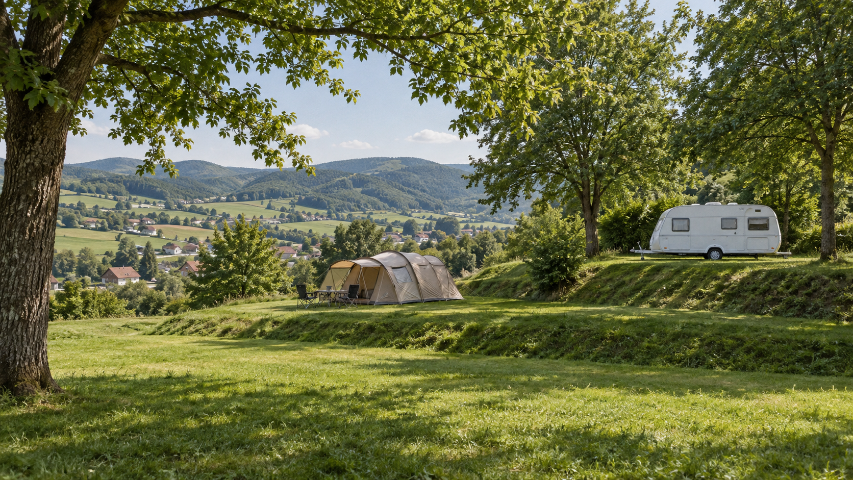 AI-gegenereerd algemeen sfeerbeeld van een kampeeromgeving; geen foto van Terrassen-Camping Traisen.