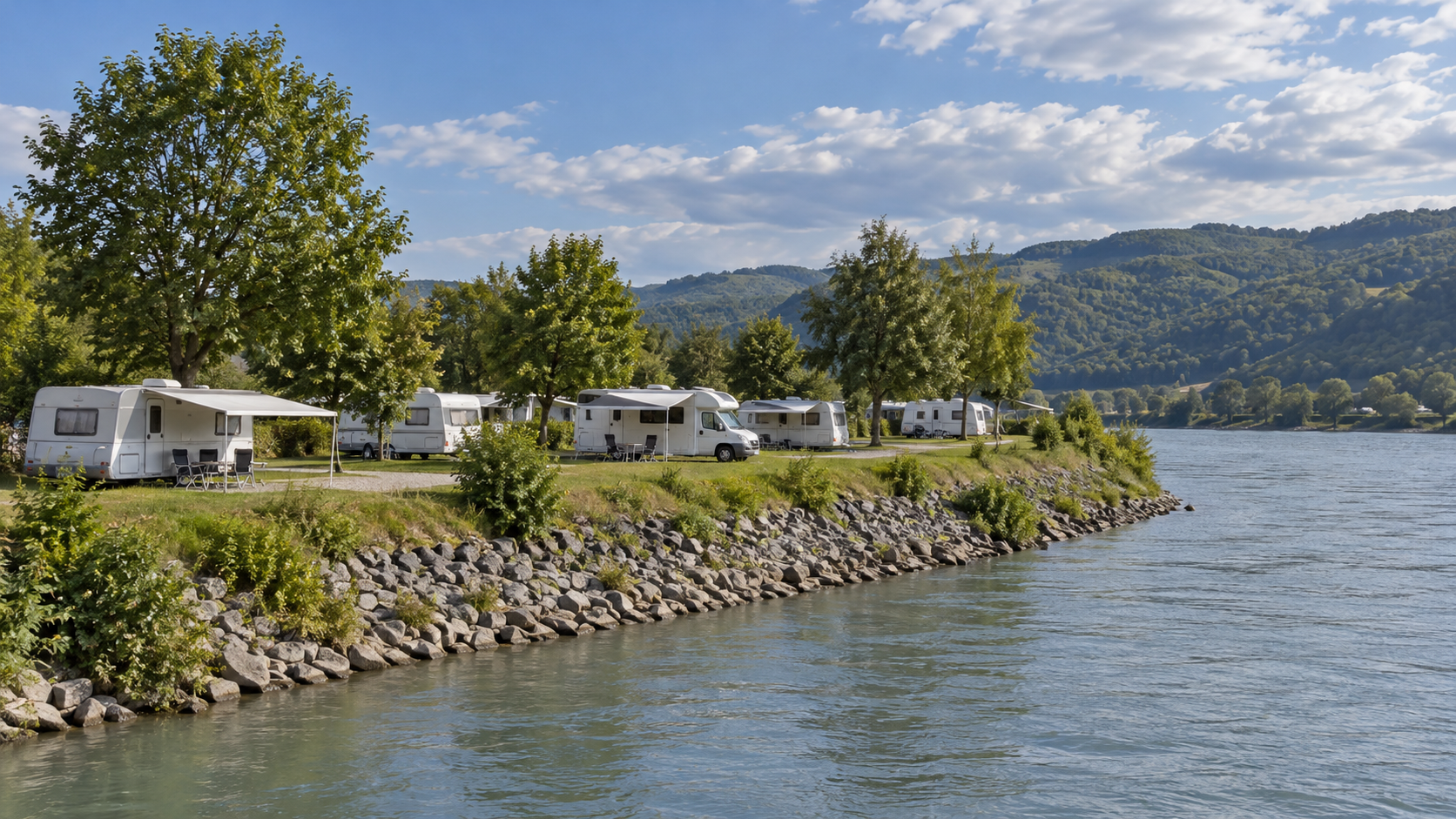 AI-gegenereerd algemeen sfeerbeeld van een kampeeromgeving; geen foto van Wachau-Camping Rossatz.