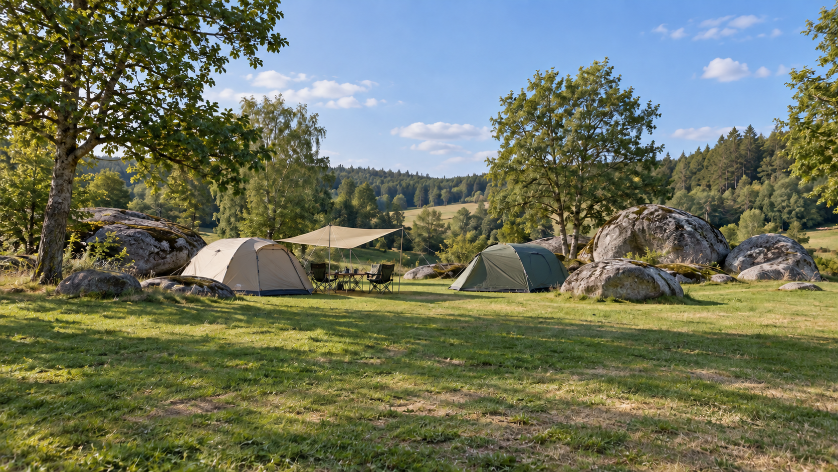 AI-gegenereerd algemeen sfeerbeeld van een kampeeromgeving; geen foto van Camping Waldviertel.