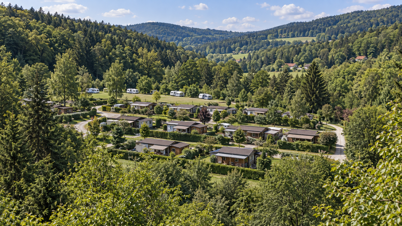 AI-gegenereerd algemeen sfeerbeeld van een kampeeromgeving; geen foto van Voralpen Camping Kleinzell.