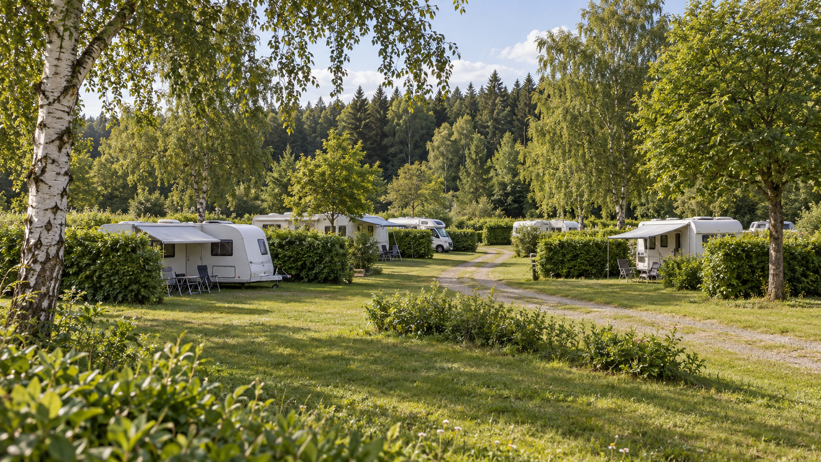 AI-gegenereerd algemeen sfeerbeeld van een kampeeromgeving; geen foto van Haarstubencamp Reingers.