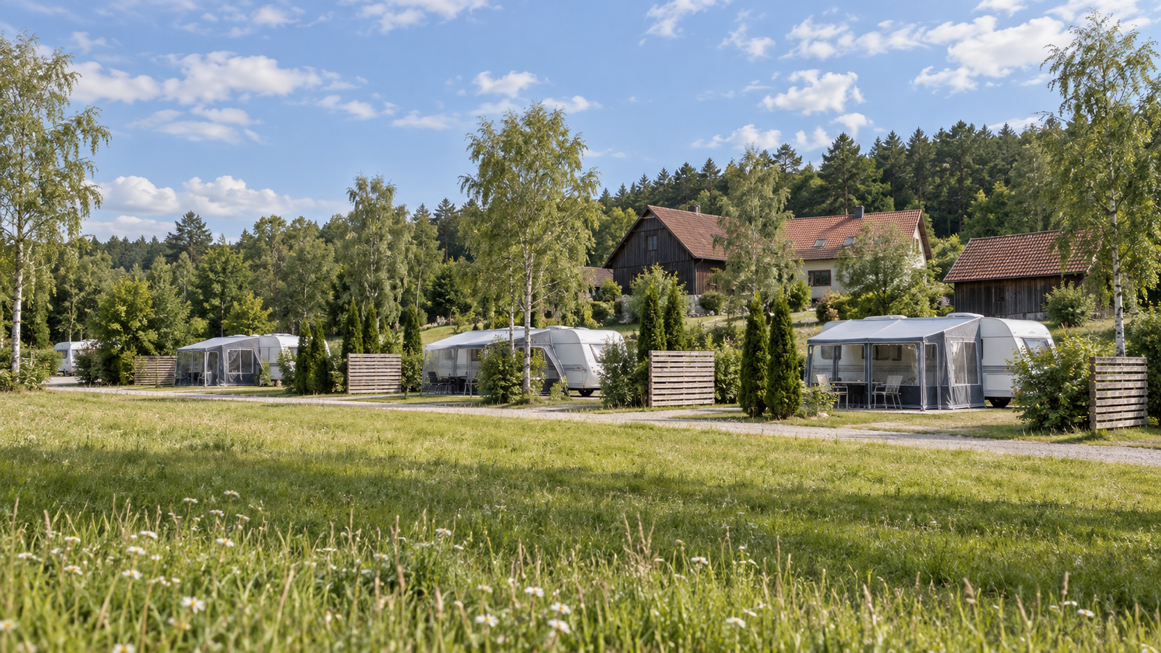 AI-gegenereerd algemeen sfeerbeeld van een kampeeromgeving; geen foto van Camping Waldenstein.