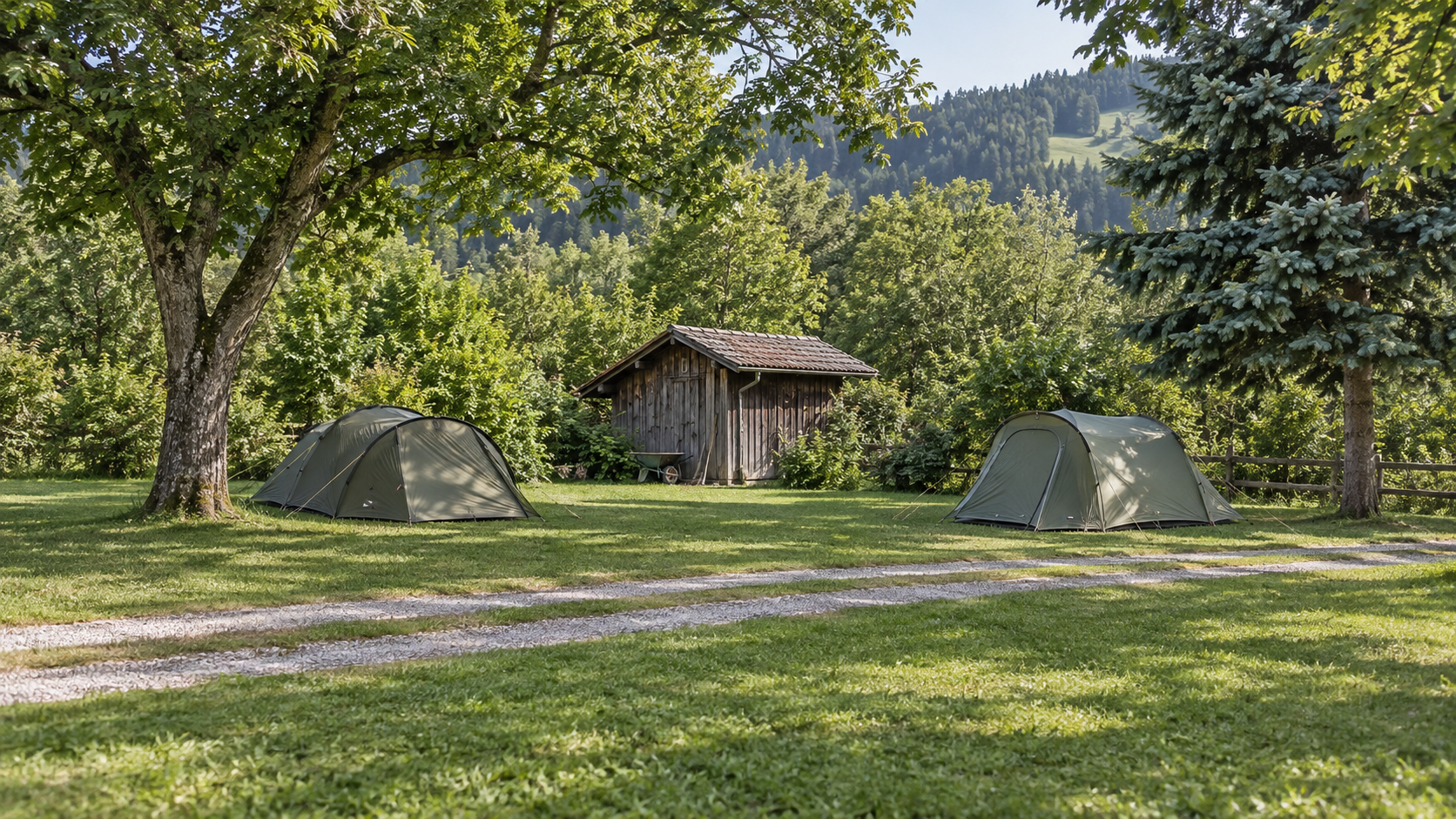 AI-gegenereerd algemeen sfeerbeeld van een kampeeromgeving; geen foto van Camping Gravogl-Fertner.