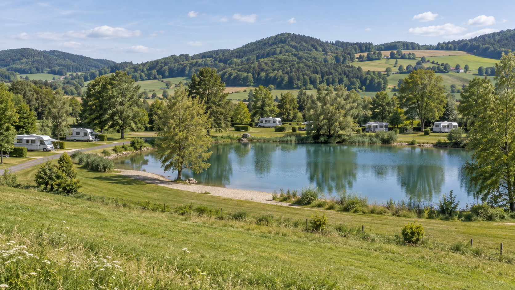 AI-gegenereerd algemeen sfeerbeeld van een kampeeromgeving; geen foto van Pielachtal Camping.