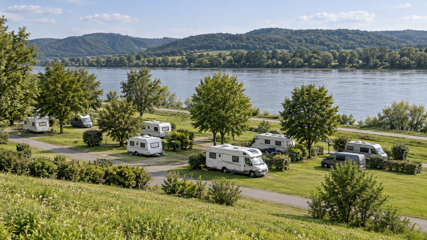 AI-gegenereerd algemeen sfeerbeeld van een kampeeromgeving; geen foto van Donau Camping Krems.